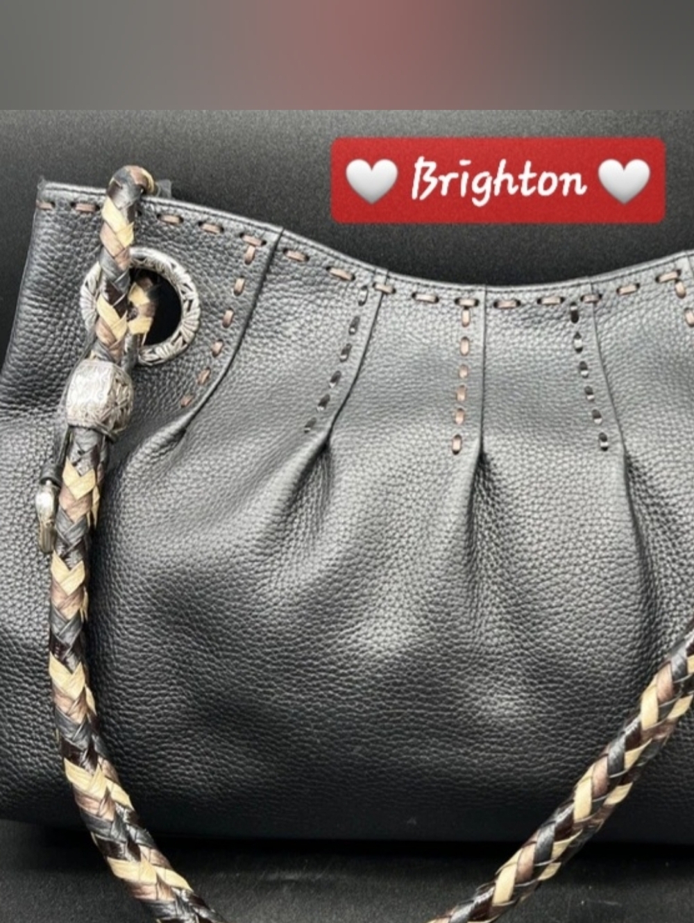 Y2K ❤️ BRIGHTON Pebble Leather Bag w/ Braided Straps (Black) / Satchel Hobo